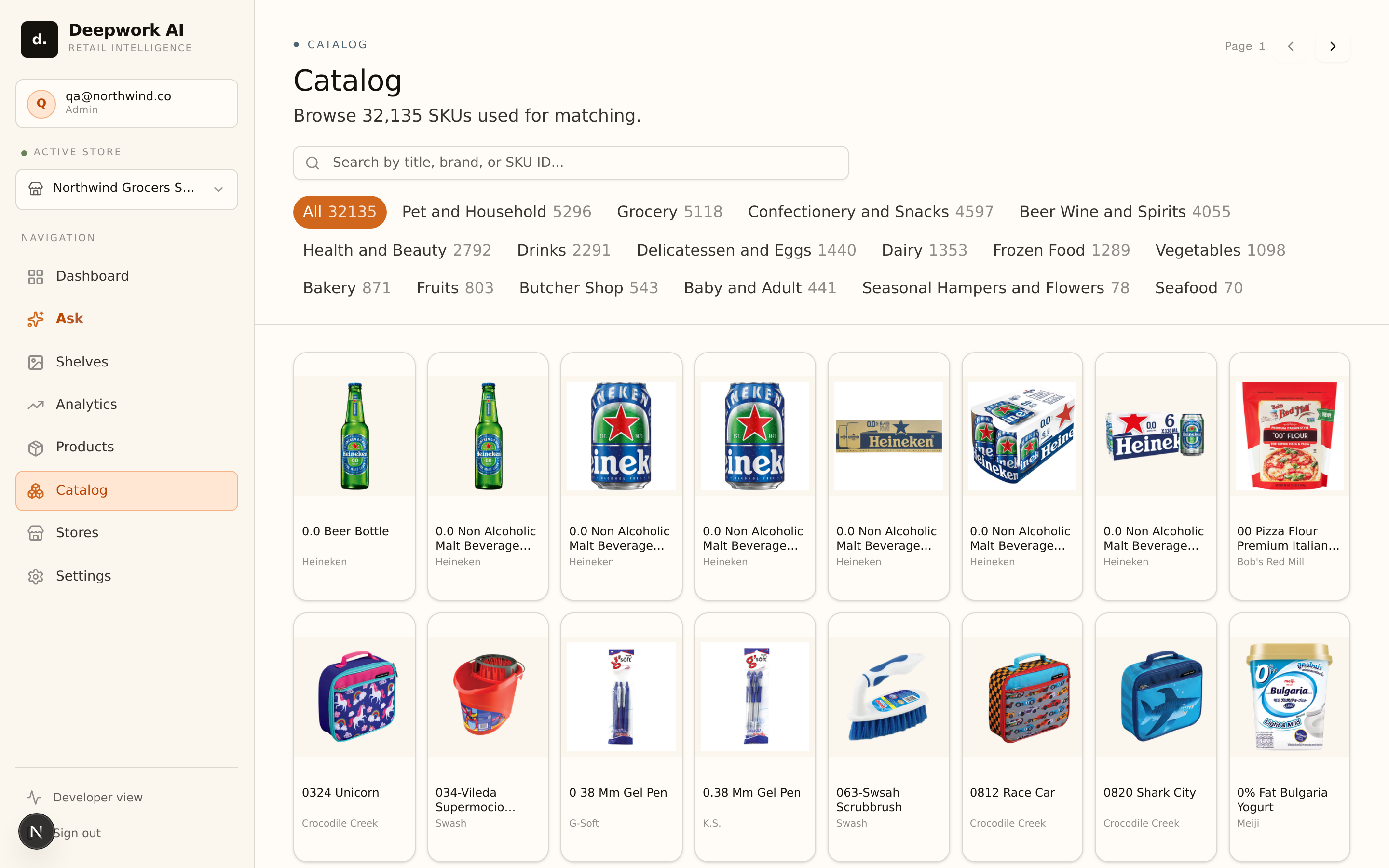 The product catalogue used for matching, with real product photos.