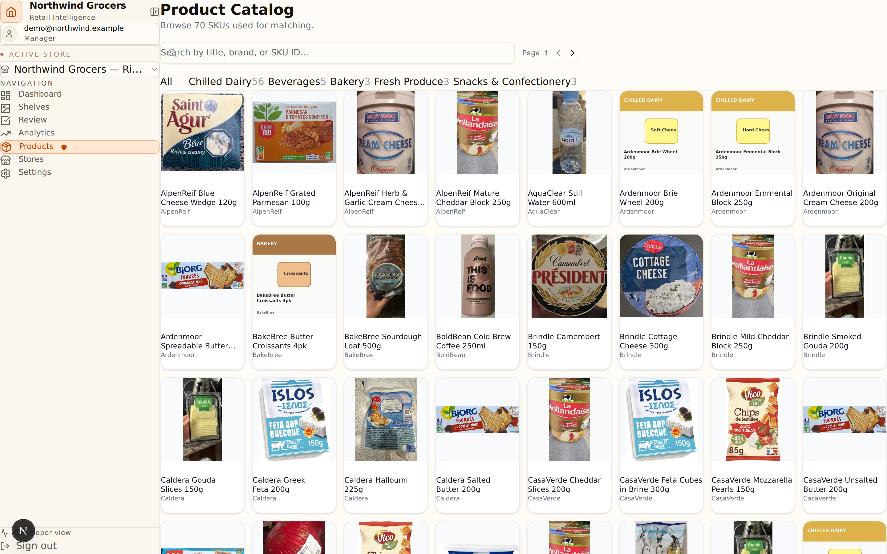 Product intelligence: what's moving, what's stalling, where each SKU lives on the floor.