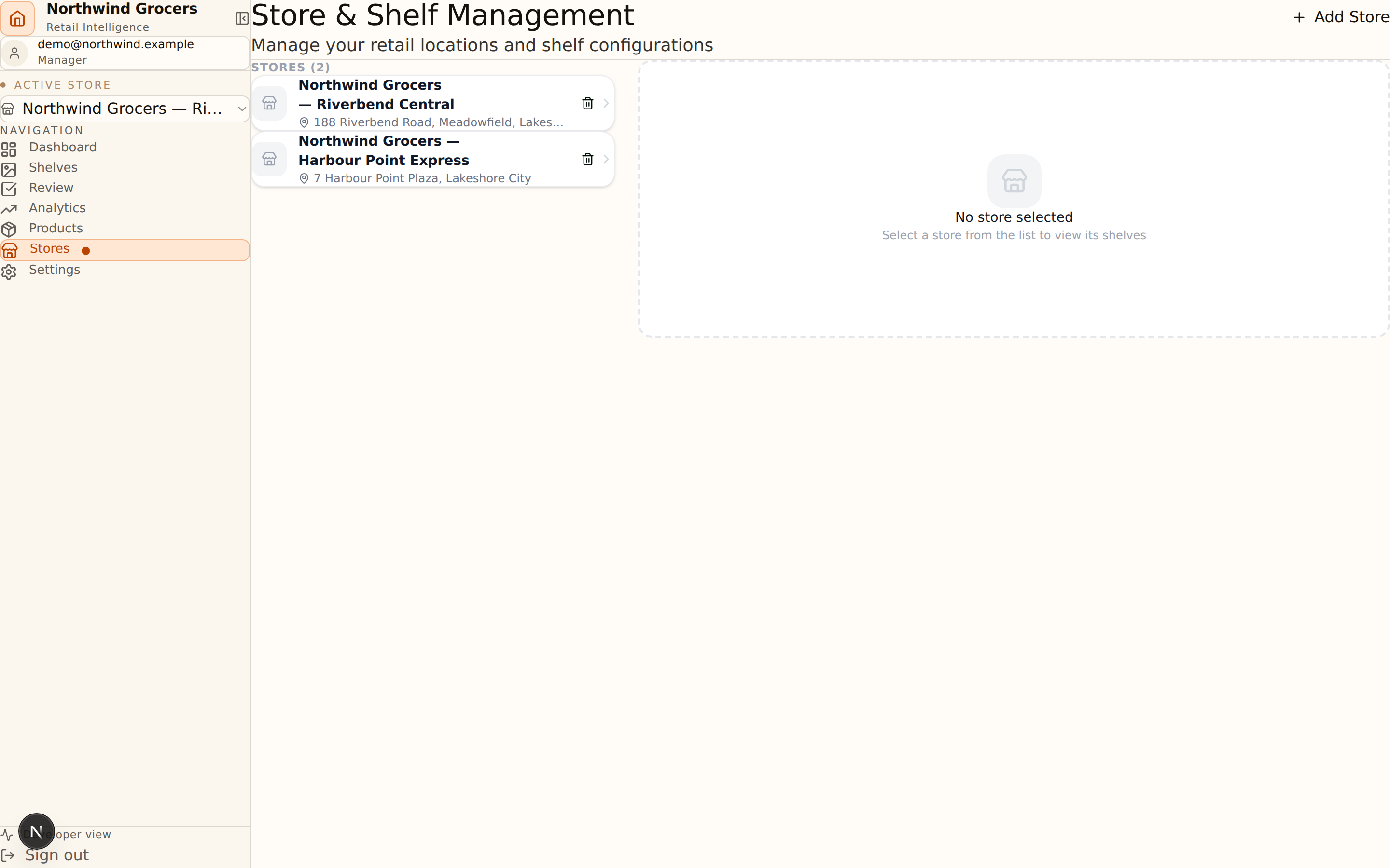 Every store in one view — coverage, capture status, and revenue, side by side.